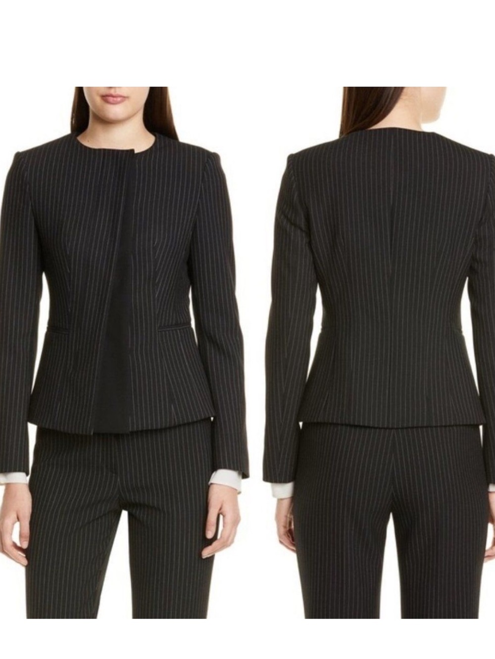 Hugo Boss / Jadela Asymmetrical Blazer in Black Pinstripe